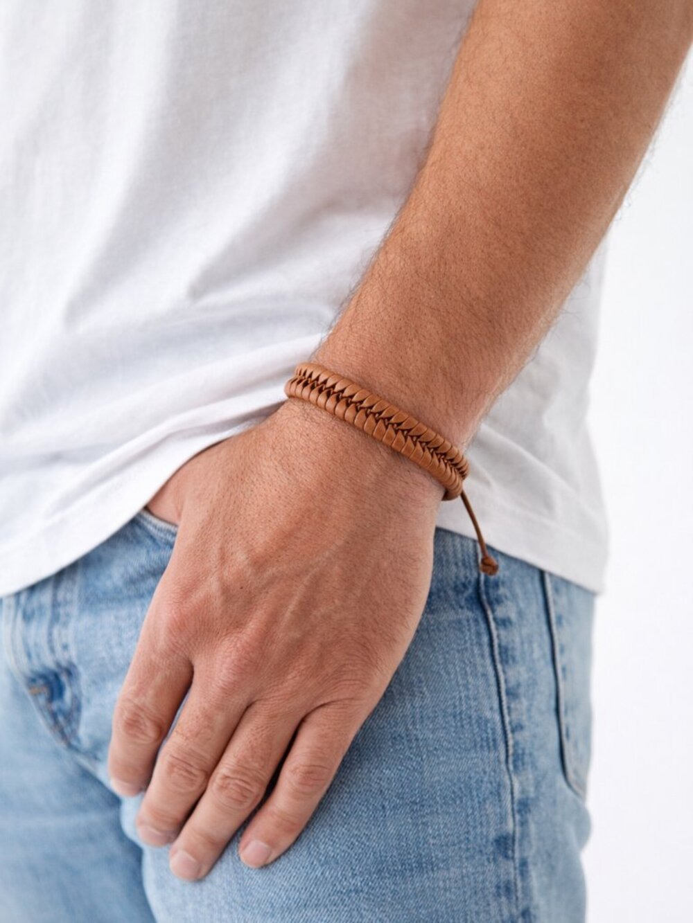 Faux Leather Woven Bracelet Tan Adjustable Unisex New